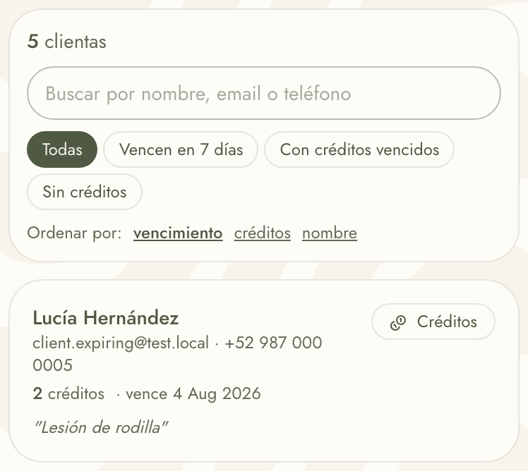 La lista de clientas, con créditos, vencimiento y filtros
