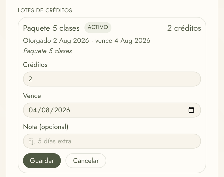 Editar el vencimiento de un paquete, con una nota opcional